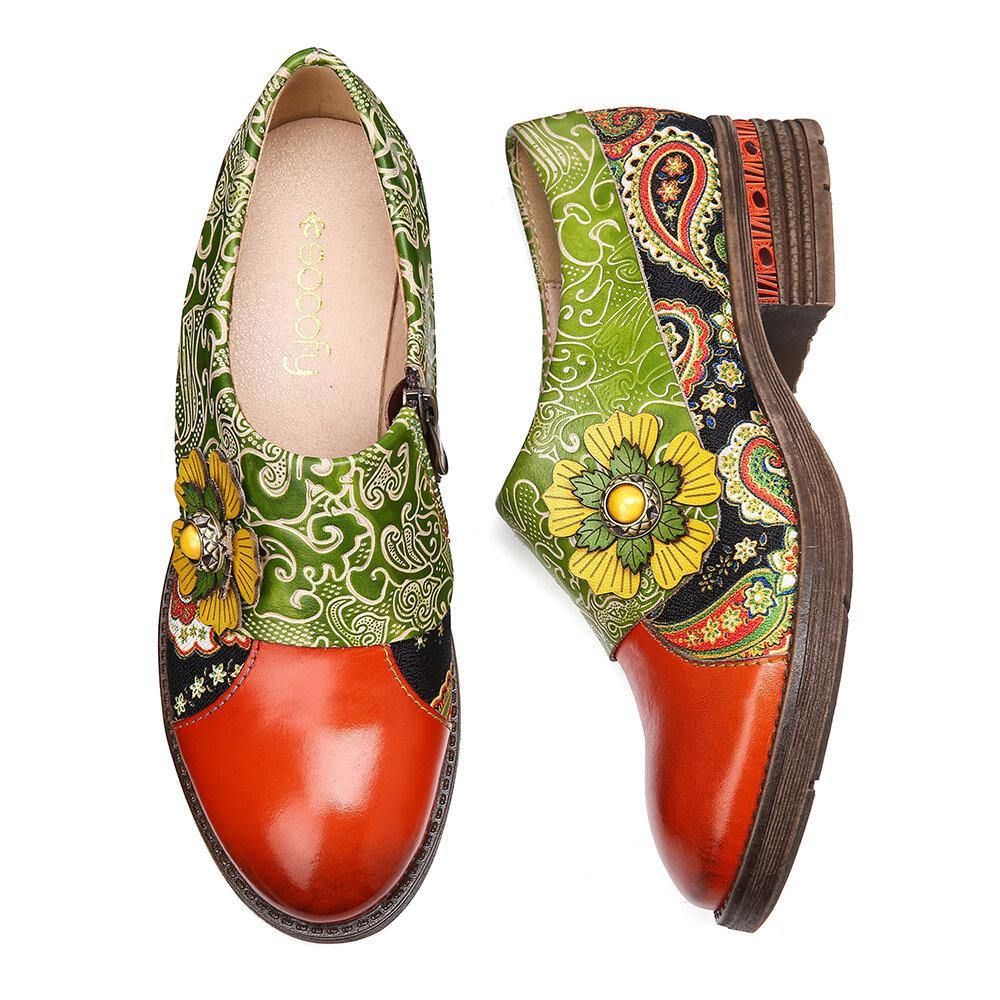 Retro Lederen Paisley Splicing Bloemen Reliëf Comfortabele Platte Schoenen Van Echt Leer