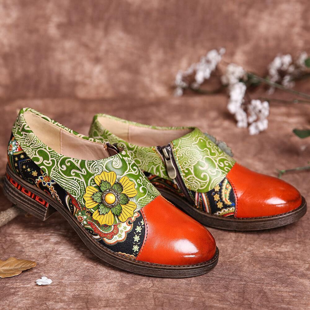 Retro Lederen Paisley Splicing Bloemen Reliëf Comfortabele Platte Schoenen Van Echt Leer