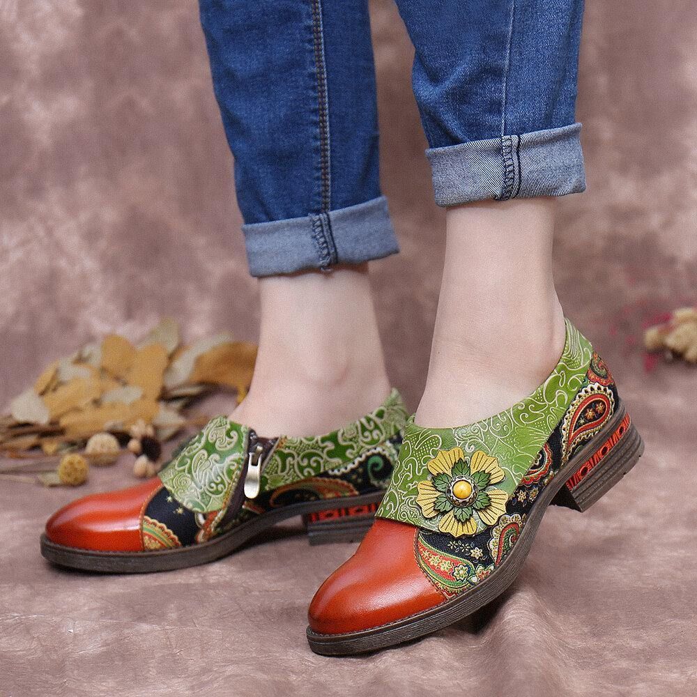 Retro Lederen Paisley Splicing Bloemen Reliëf Comfortabele Platte Schoenen Van Echt Leer