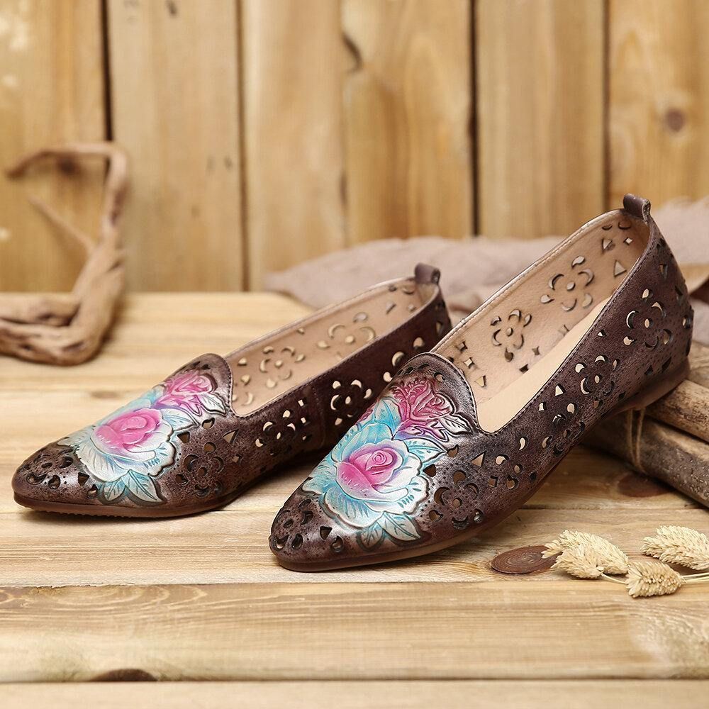 Retro Reliëf Delicate Pioen Holle Bloemenpatroon Echt Lederen Platte Elegante Loafer