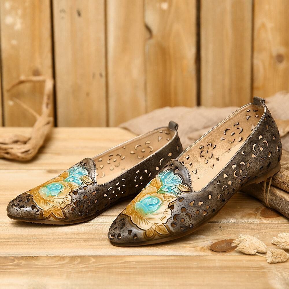 Retro Reliëf Delicate Pioen Holle Bloemenpatroon Echt Lederen Platte Elegante Loafer