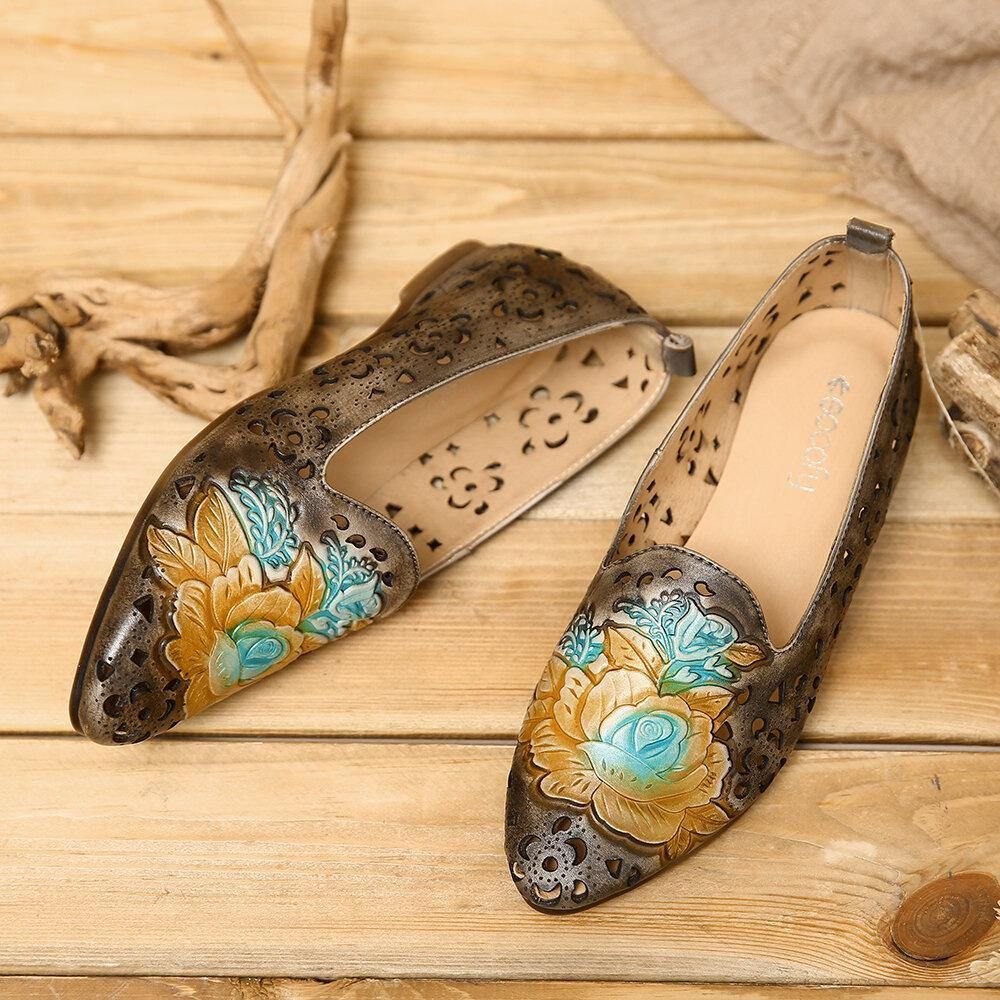 Retro Reliëf Delicate Pioen Holle Bloemenpatroon Echt Lederen Platte Elegante Loafer