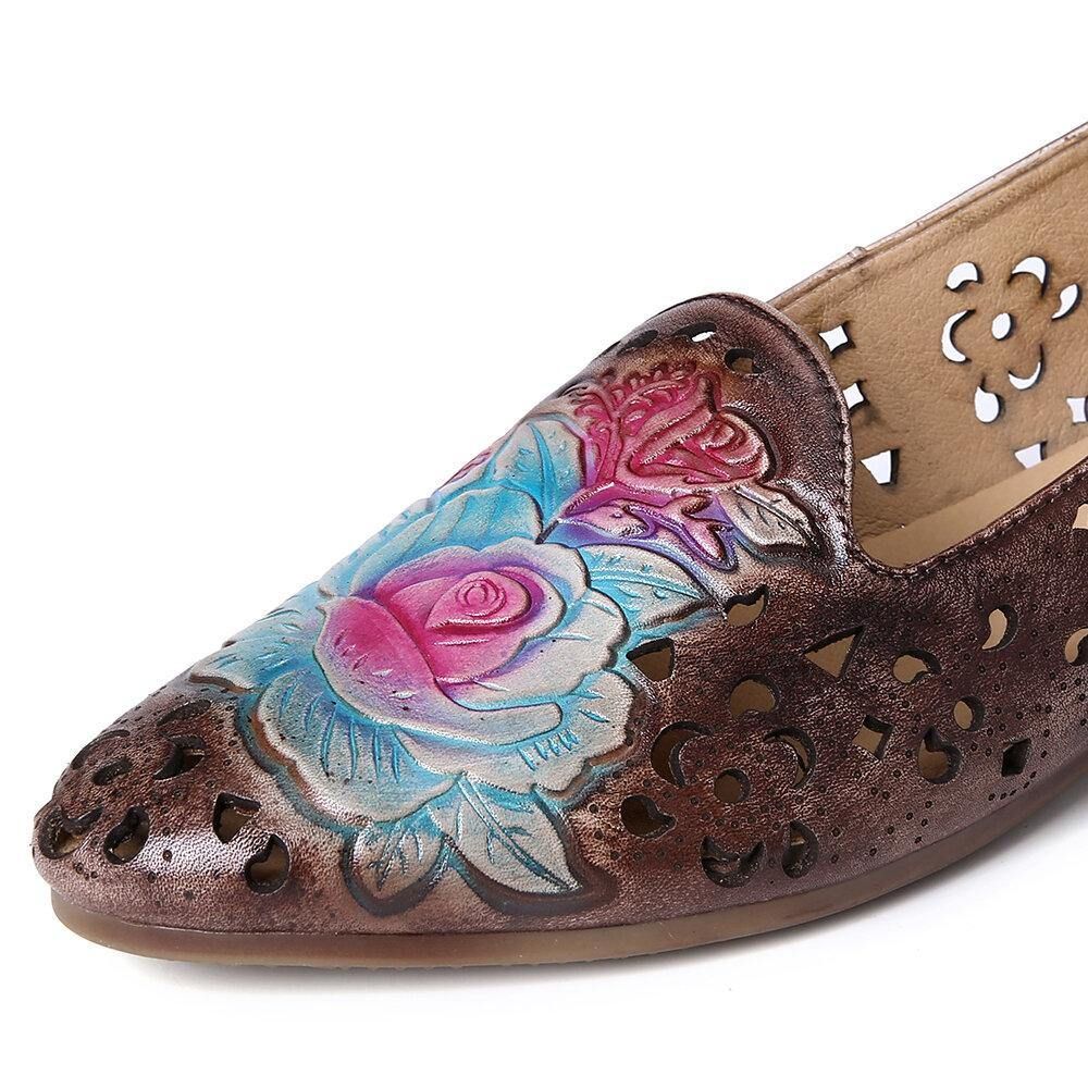 Retro Reliëf Delicate Pioen Holle Bloemenpatroon Echt Lederen Platte Elegante Loafer