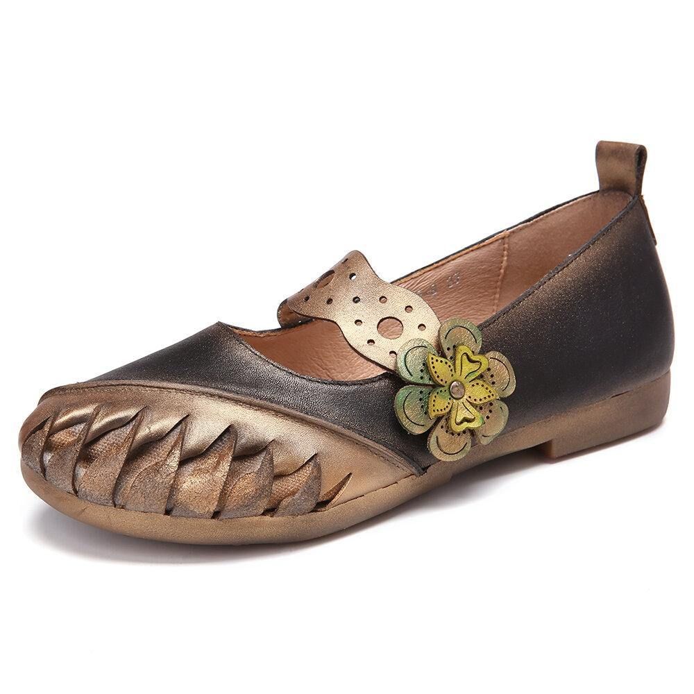 Vintage Handgemaakte Zachte Lederen Bloemen Haak Lus Riem Slip Op Platte Schoenen