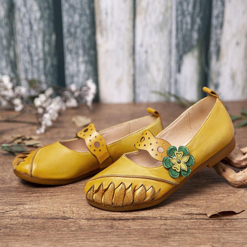 Vintage Handgemaakte Zachte Lederen Bloemen Haak Lus Riem Slip Op Platte Schoenen