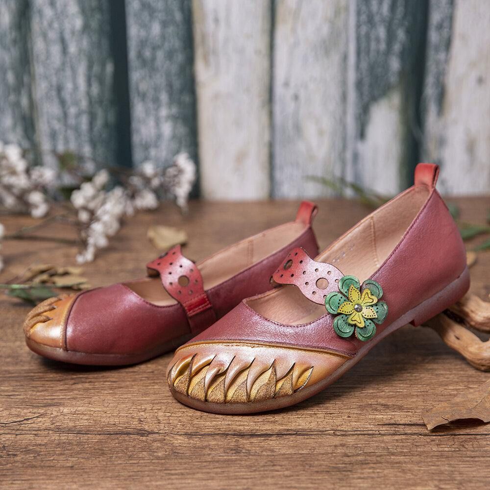 Vintage Handgemaakte Zachte Lederen Bloemen Haak Lus Riem Slip Op Platte Schoenen