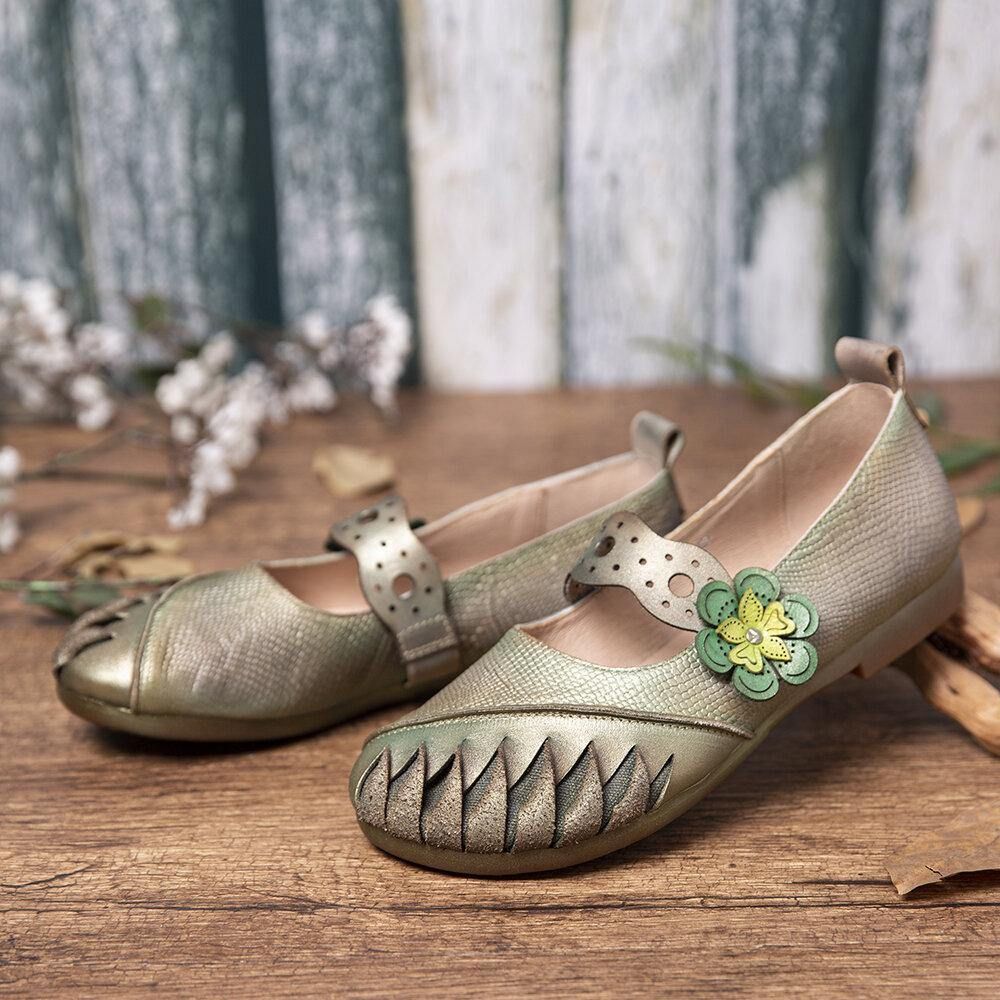 Vintage Handgemaakte Zachte Lederen Bloemen Haak Lus Riem Slip Op Platte Schoenen