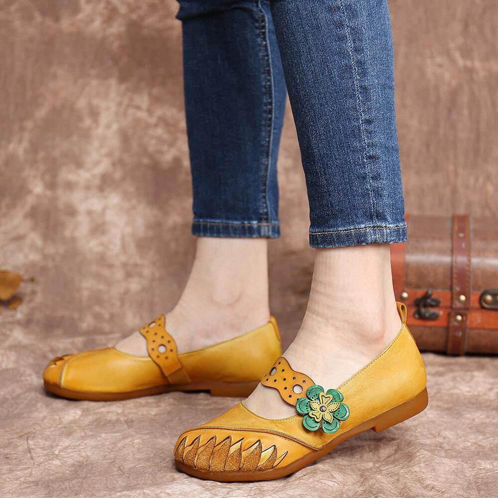 Vintage Handgemaakte Zachte Lederen Bloemen Haak Lus Riem Slip Op Platte Schoenen