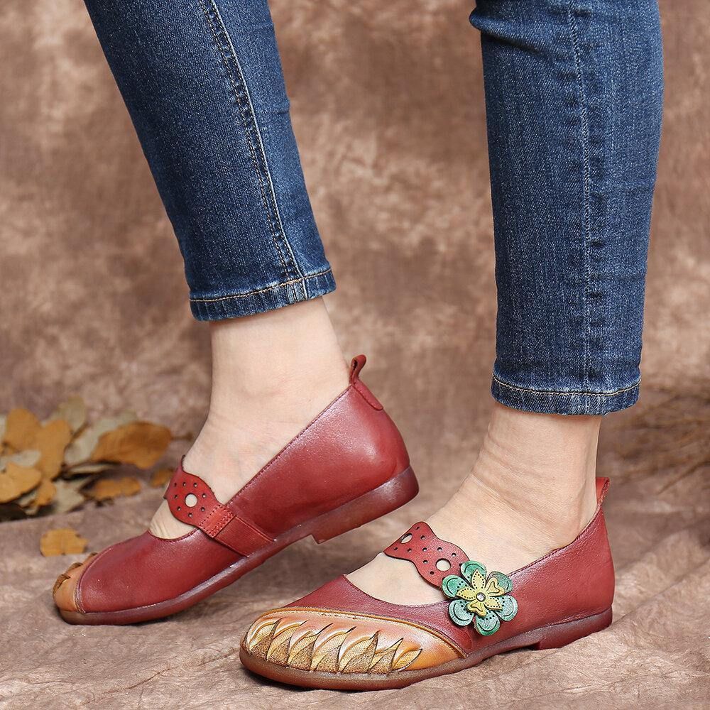 Vintage Handgemaakte Zachte Lederen Bloemen Haak Lus Riem Slip Op Platte Schoenen