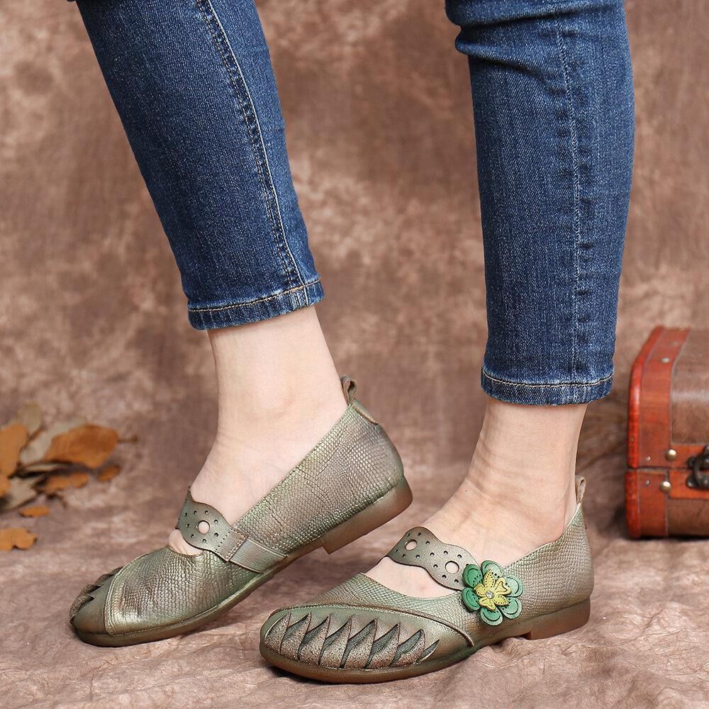 Vintage Handgemaakte Zachte Lederen Bloemen Haak Lus Riem Slip Op Platte Schoenen