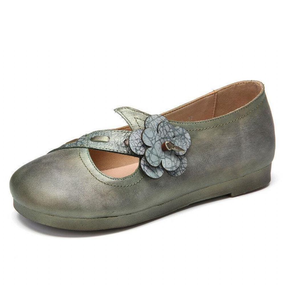 Vintage Handgemaakte Zachte Lederen Bloemen Riem Groene Slip Op Platte Schoenen