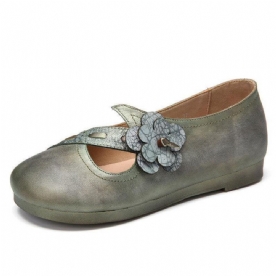 Vintage Handgemaakte Zachte Lederen Bloemen Riem Groene Slip Op Platte Schoenen