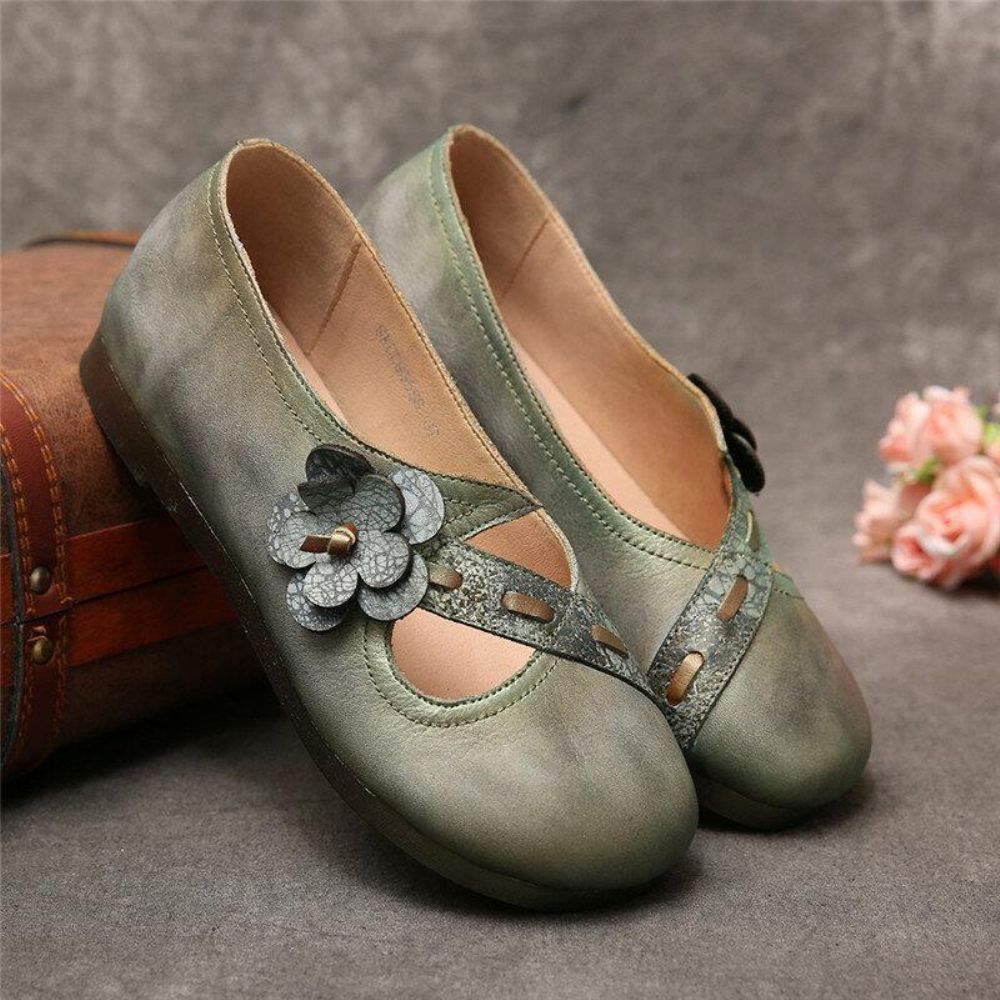 Vintage Handgemaakte Zachte Lederen Bloemen Riem Groene Slip Op Platte Schoenen