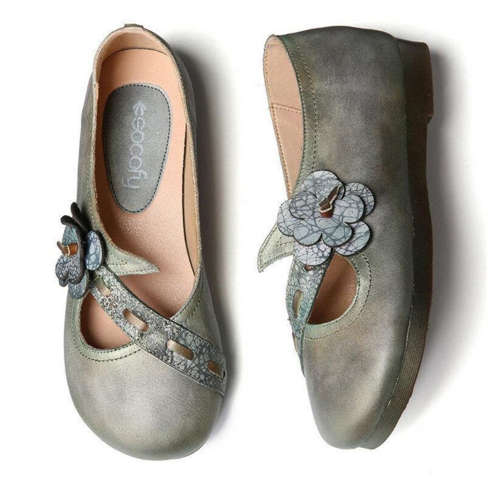 Vintage Handgemaakte Zachte Lederen Bloemen Riem Groene Slip Op Platte Schoenen