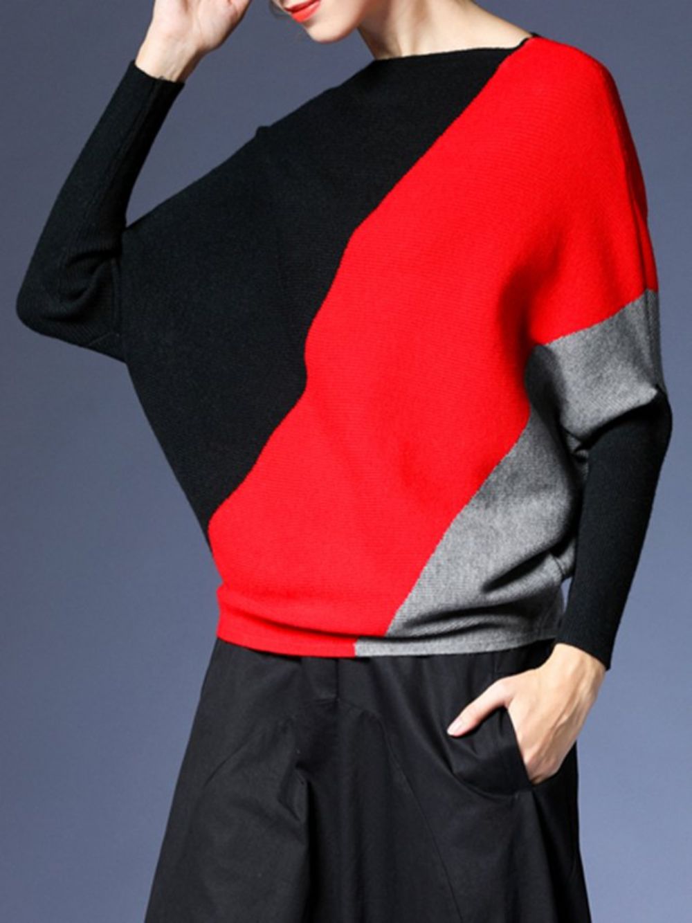 Gebreide Casual Sweater Met Vleermuiskleuren Kleurblokken