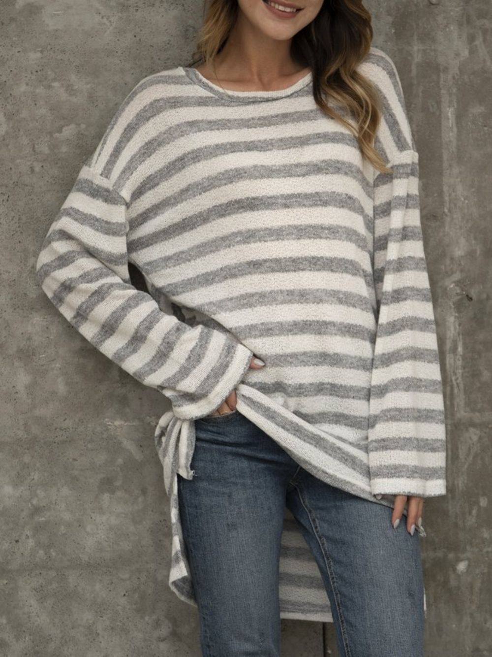 Grijze Casual Top Met Ronde Hals Lange Mouwen