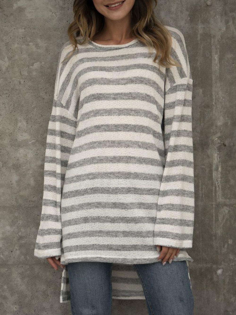 Grijze Casual Top Met Ronde Hals Lange Mouwen