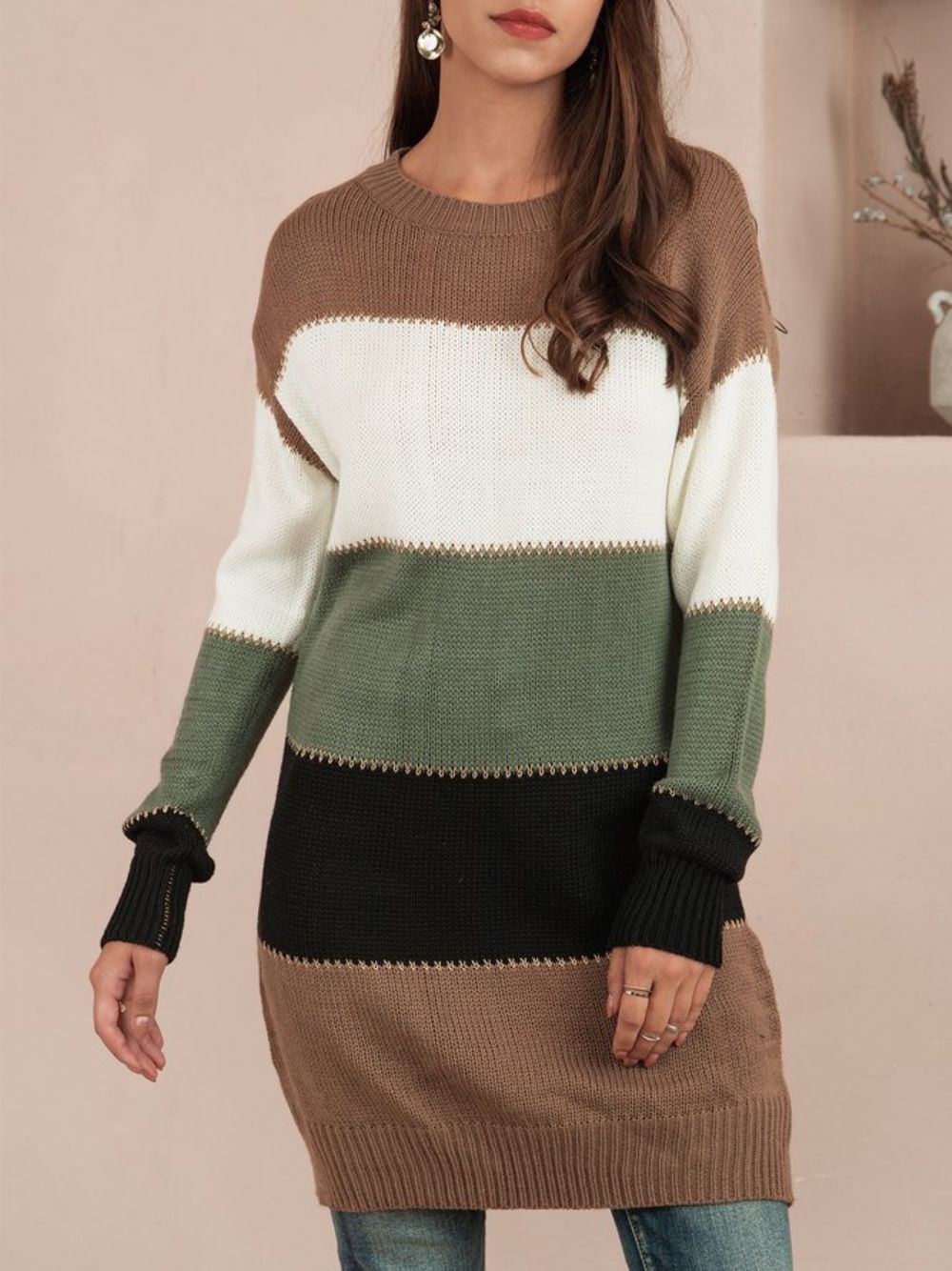 Groene Casual Shift-Sweaterjurk Met Ronde Hals