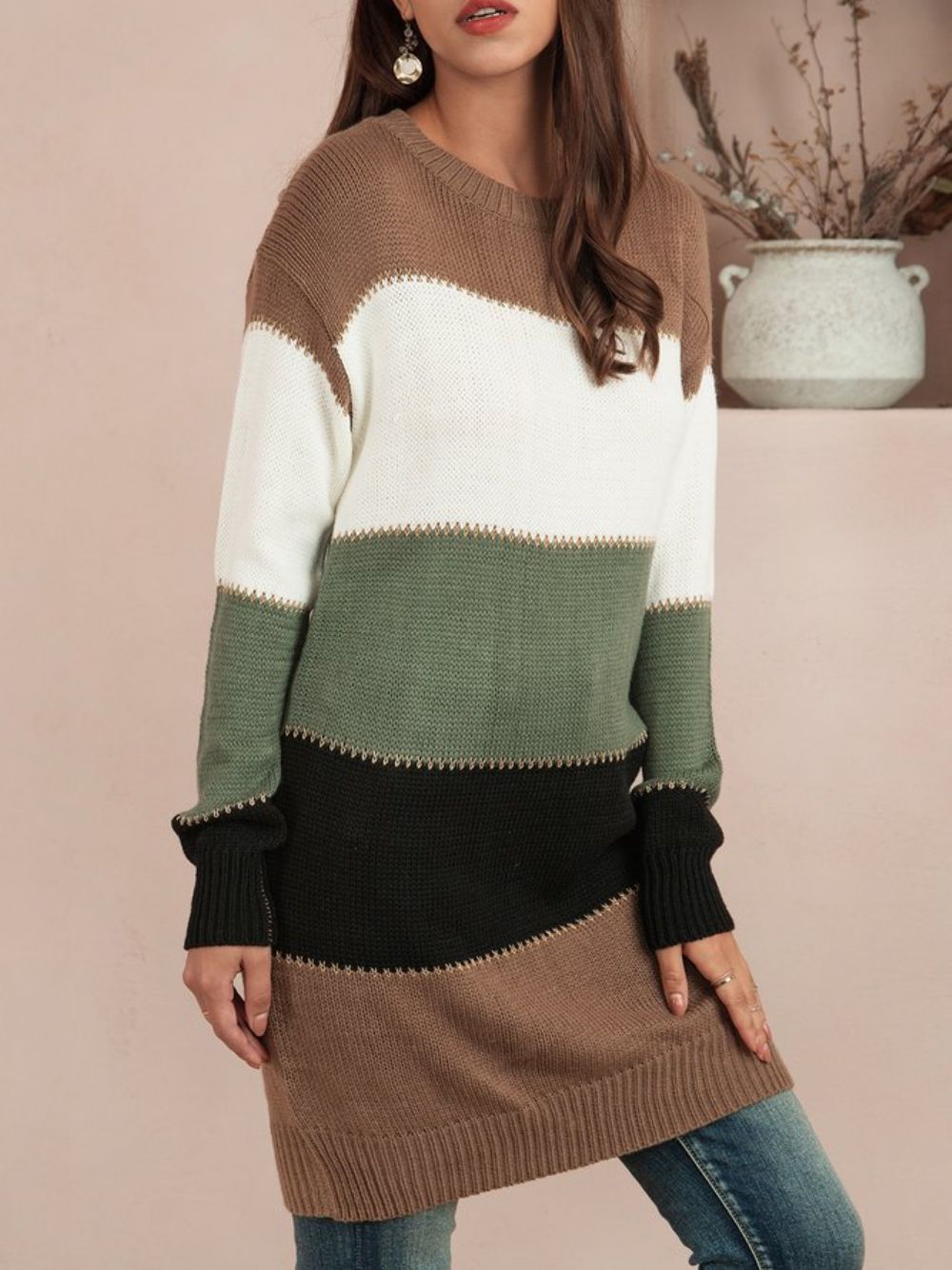 Groene Casual Shift-Sweaterjurk Met Ronde Hals