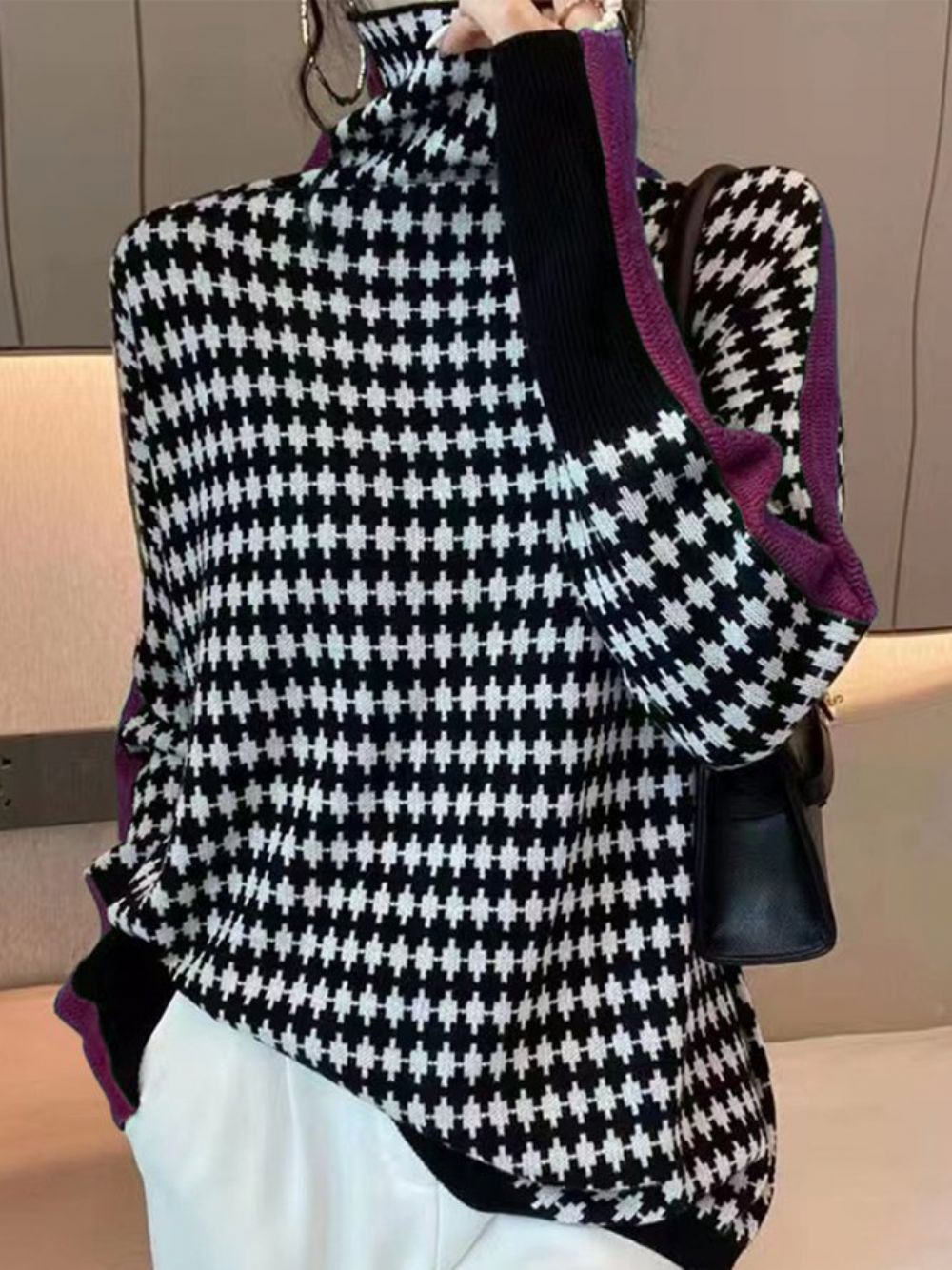 Houndstooth Losse Stedelijke Trui Met Lange Mouwen