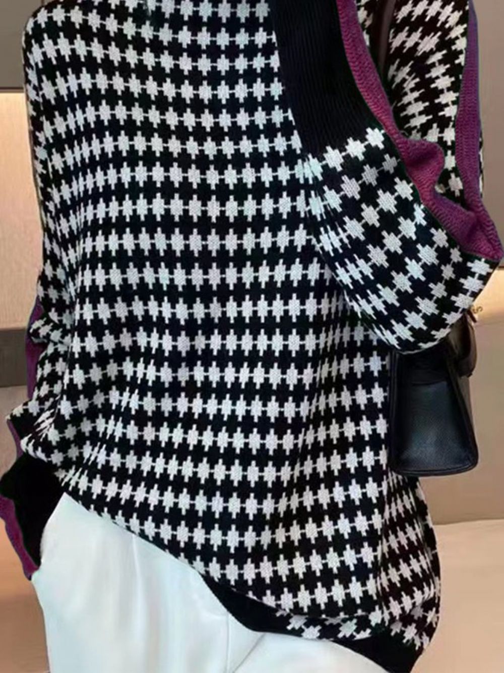 Houndstooth Losse Stedelijke Trui Met Lange Mouwen