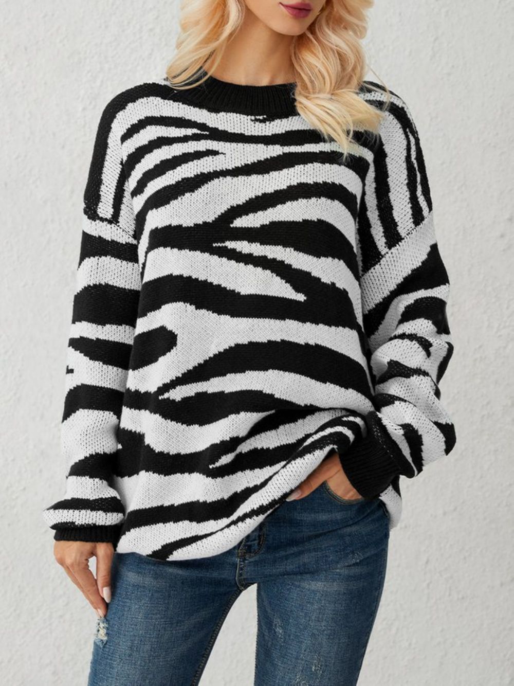 Witte Gebreide Casual Trui Met Zebra