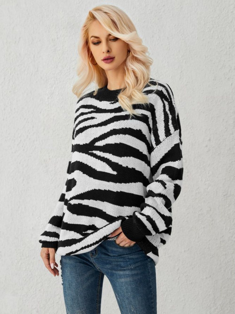 Witte Gebreide Casual Trui Met Zebra