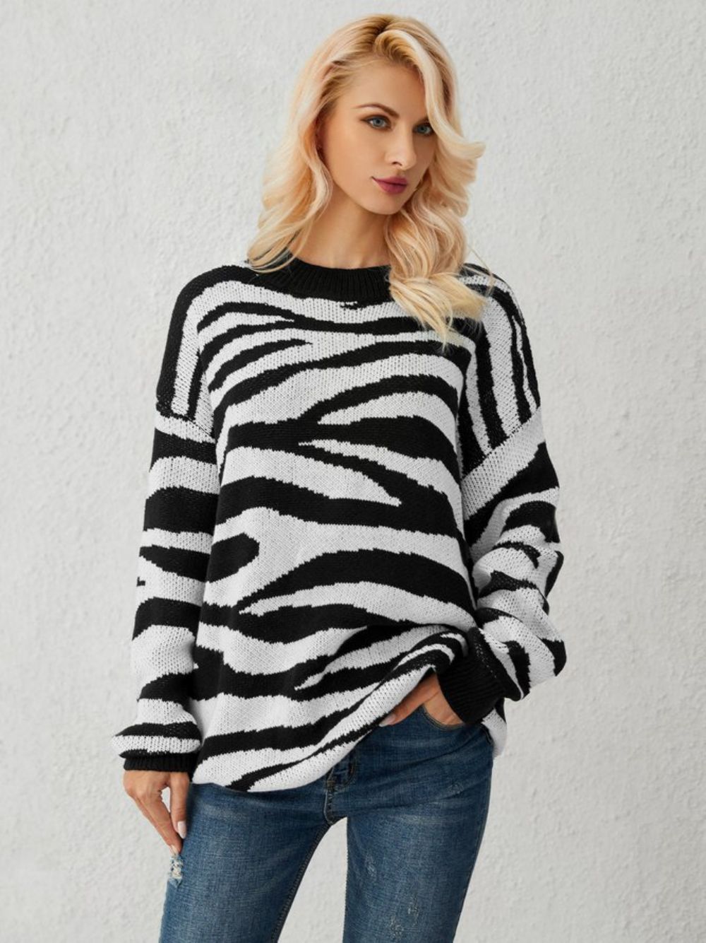 Witte Gebreide Casual Trui Met Zebra