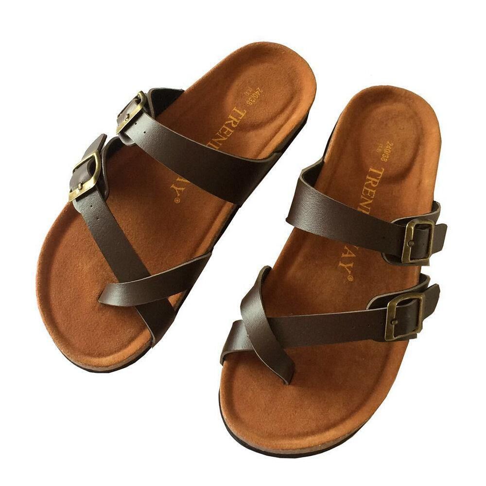 Comfortabele Strandslippers Dames Met Dubbele Gesp Platte Kurken Sandalen