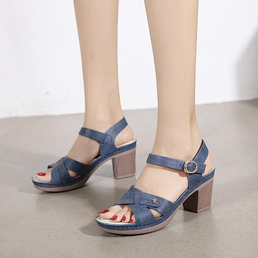 Dames Casual Effen Kleur Stiksels Hasp Chunky Heel Streep Sandalen