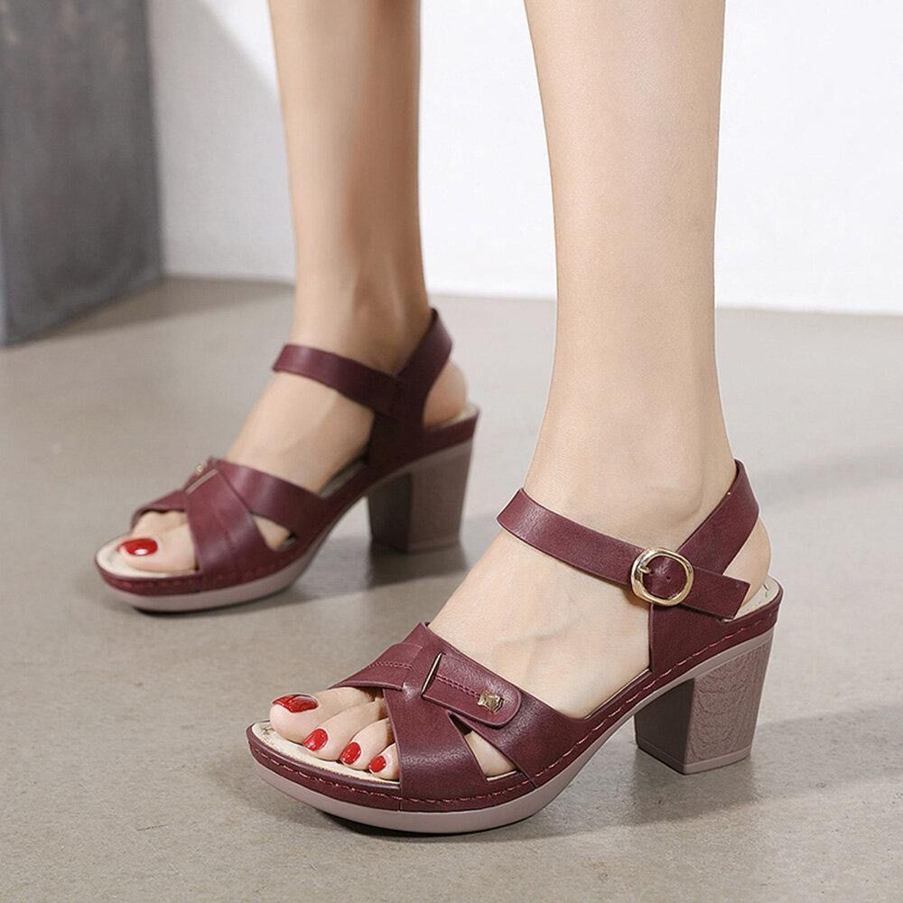 Dames Casual Effen Kleur Stiksels Hasp Chunky Heel Streep Sandalen