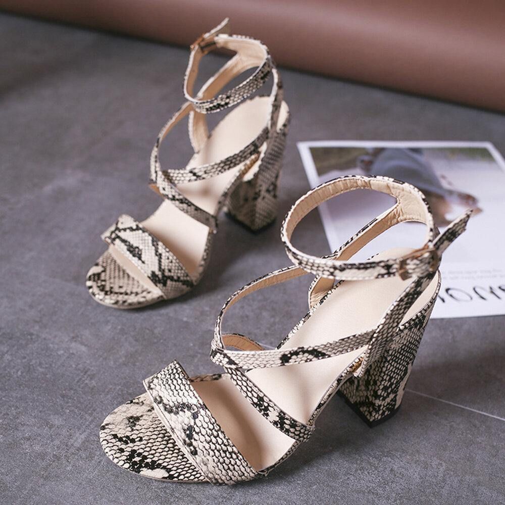 Dames Casual Snake Pattern Buckle Antislip Wearable Chunky Heels Stripe Sandalen