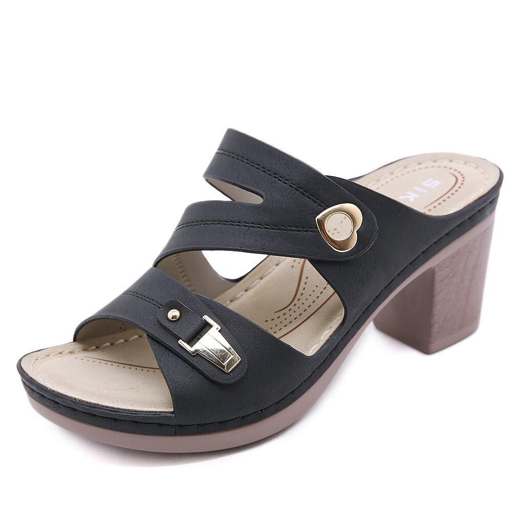 Dames Comfortabele Metalen Gesp Peep-Toe Rugloze Sandalen Met Dikke Hak