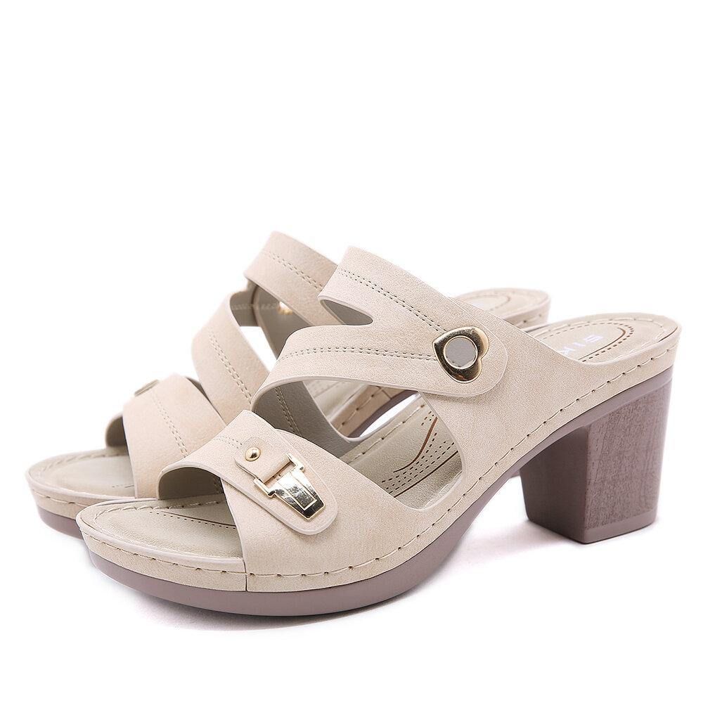 Dames Comfortabele Metalen Gesp Peep-Toe Rugloze Sandalen Met Dikke Hak