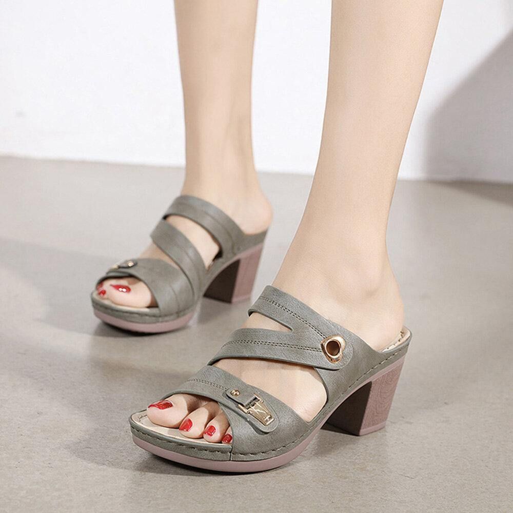 Dames Comfortabele Metalen Gesp Peep-Toe Rugloze Sandalen Met Dikke Hak