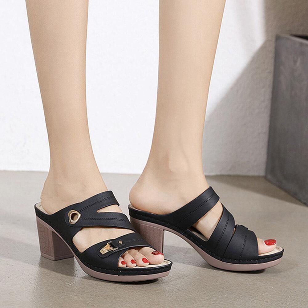 Dames Comfortabele Metalen Gesp Peep-Toe Rugloze Sandalen Met Dikke Hak