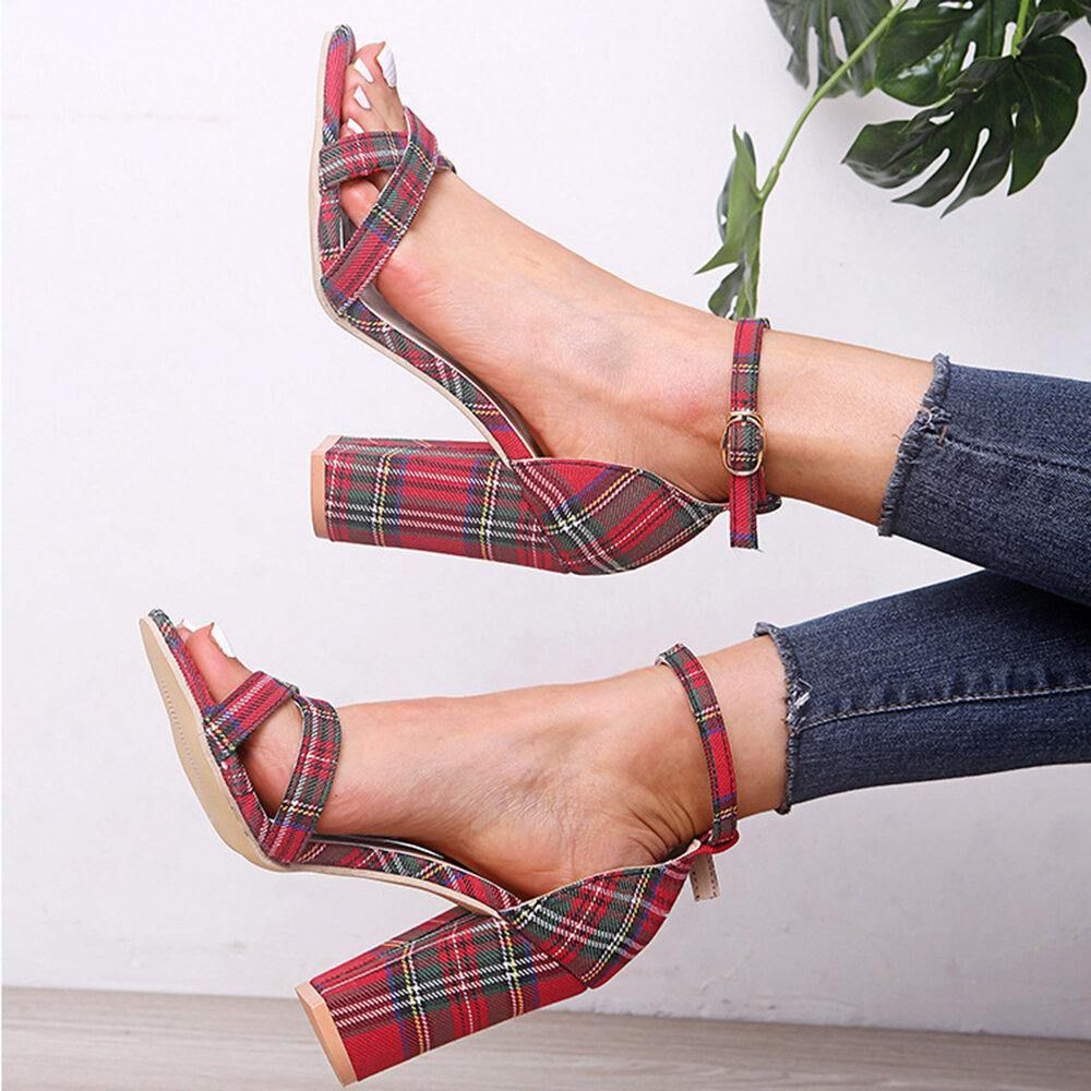 Dames Plaid Cross Strap Lattice Decor Buckle Hoge Hak Sandalen