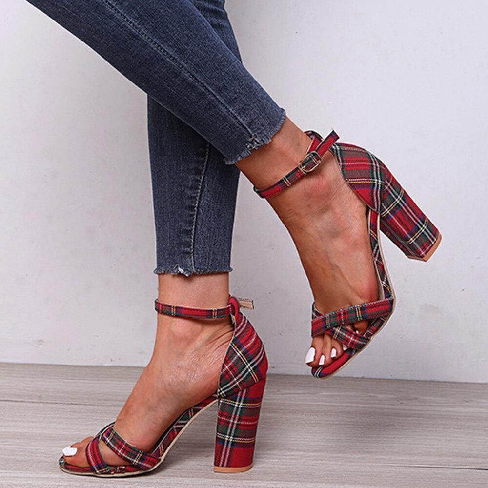 Dames Plaid Cross Strap Lattice Decor Buckle Hoge Hak Sandalen