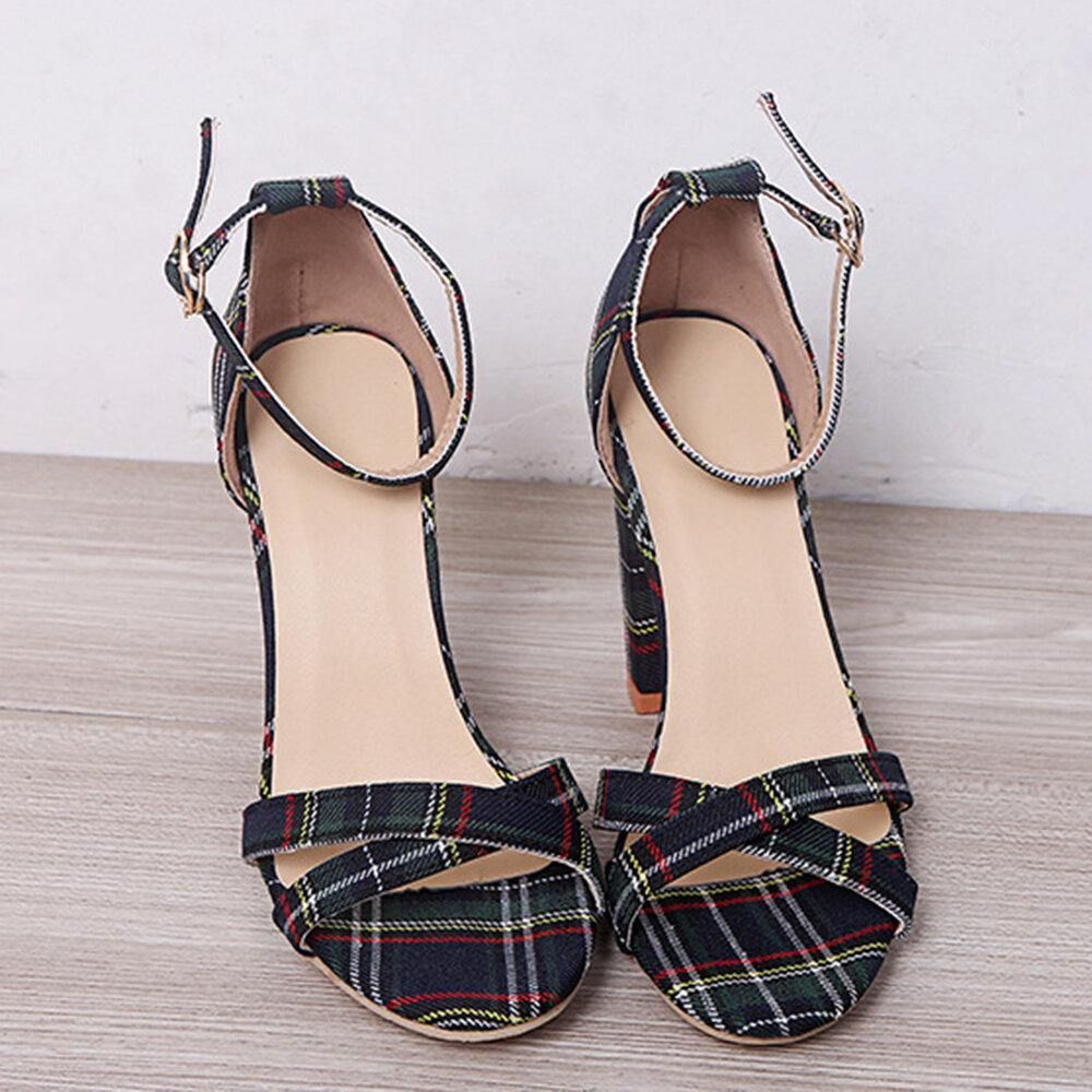 Dames Plaid Cross Strap Lattice Decor Buckle Hoge Hak Sandalen