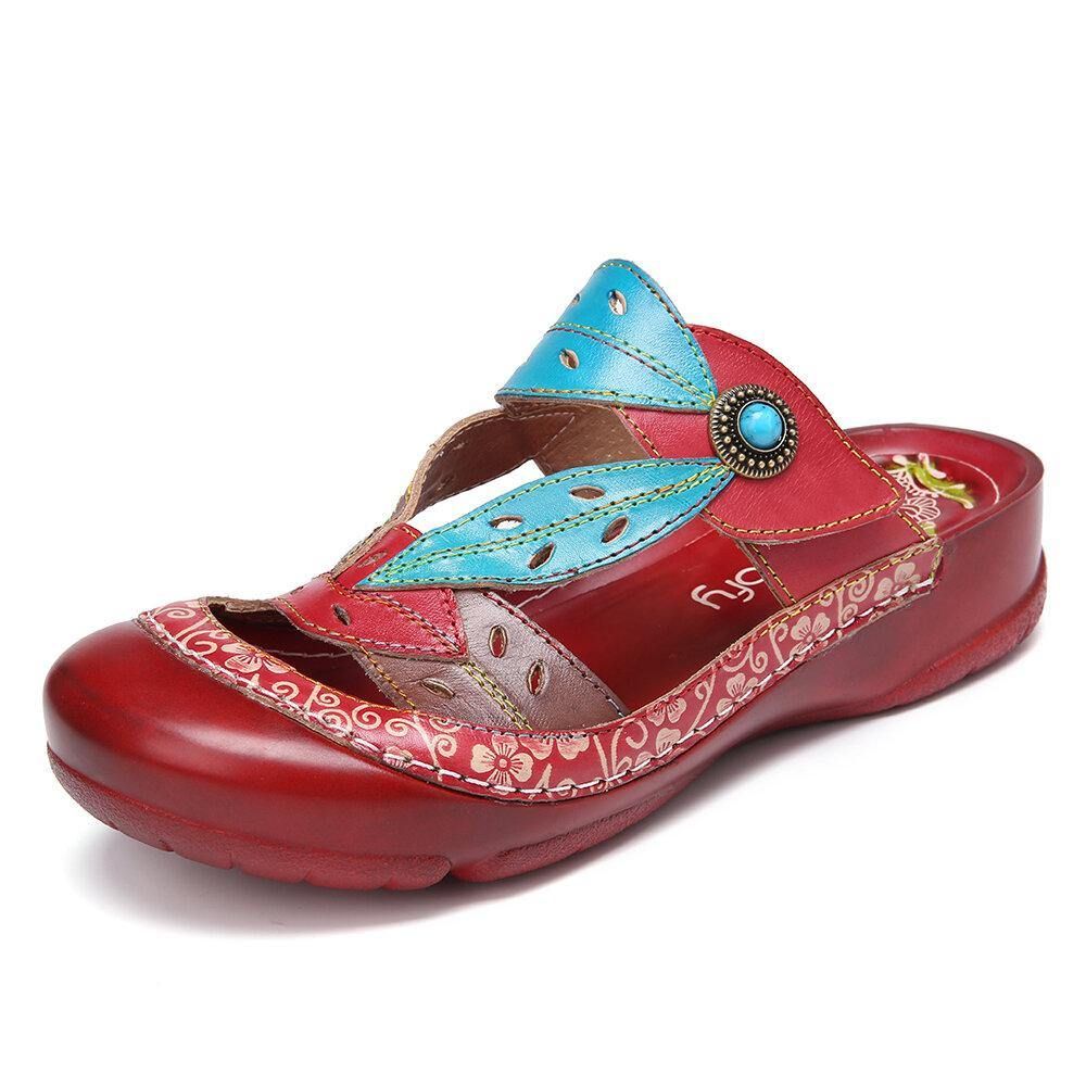 Handgemaakte Lederen Kralen Bloemen Uitsparing Verstelbare Riem Slip-On Muilezels Klompen Sandalen