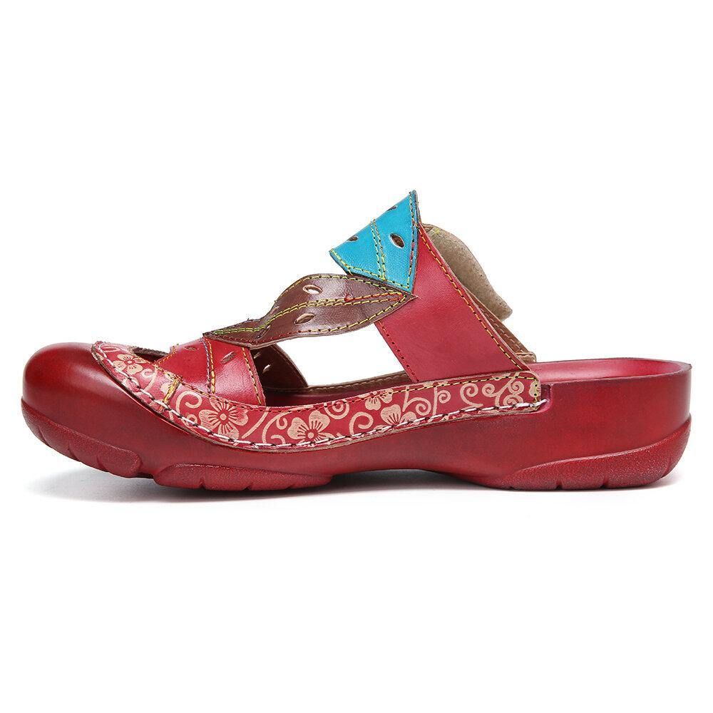 Handgemaakte Lederen Kralen Bloemen Uitsparing Verstelbare Riem Slip-On Muilezels Klompen Sandalen