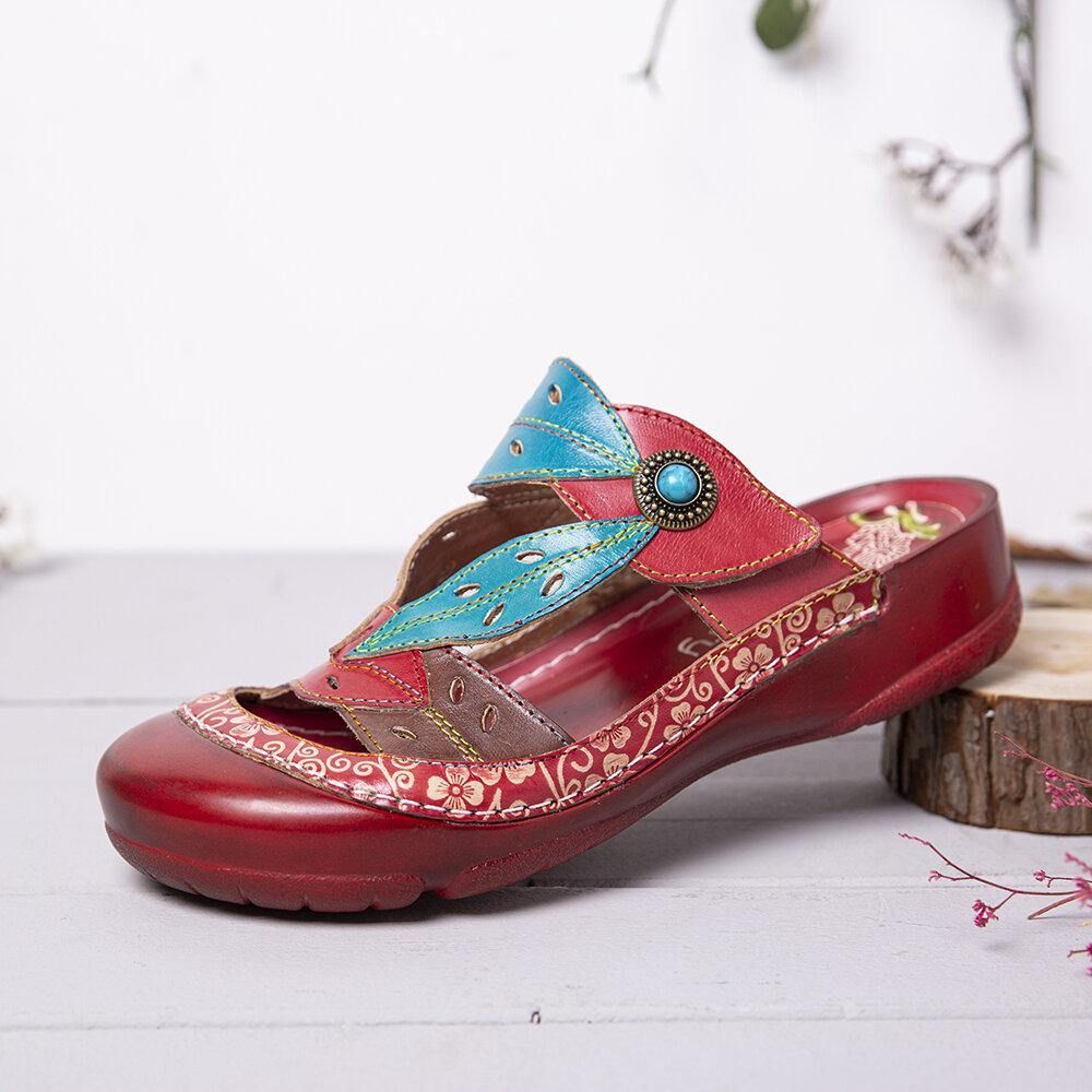 Handgemaakte Lederen Kralen Bloemen Uitsparing Verstelbare Riem Slip-On Muilezels Klompen Sandalen