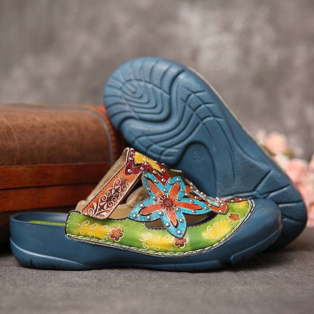 Handgemaakte Leren Instappers Met Bloemenprint Platte Slippers Muiltjes Klompen Sandalen