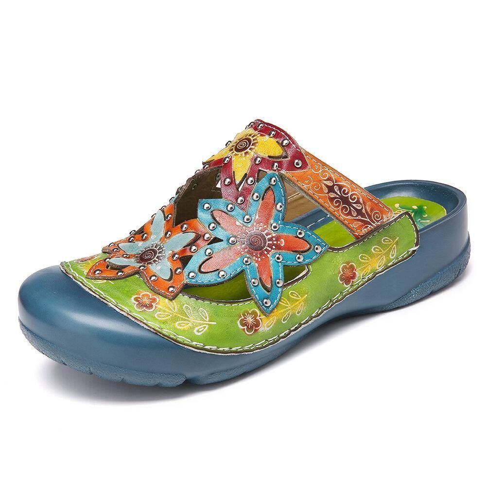 Handgemaakte Leren Instappers Met Bloemenprint Platte Slippers Muiltjes Klompen Sandalen