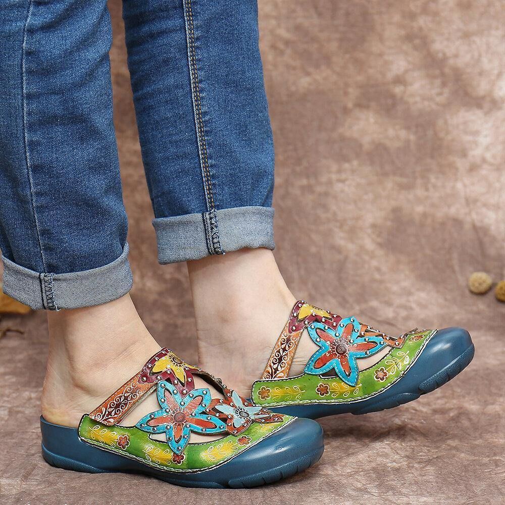 Handgemaakte Leren Instappers Met Bloemenprint Platte Slippers Muiltjes Klompen Sandalen