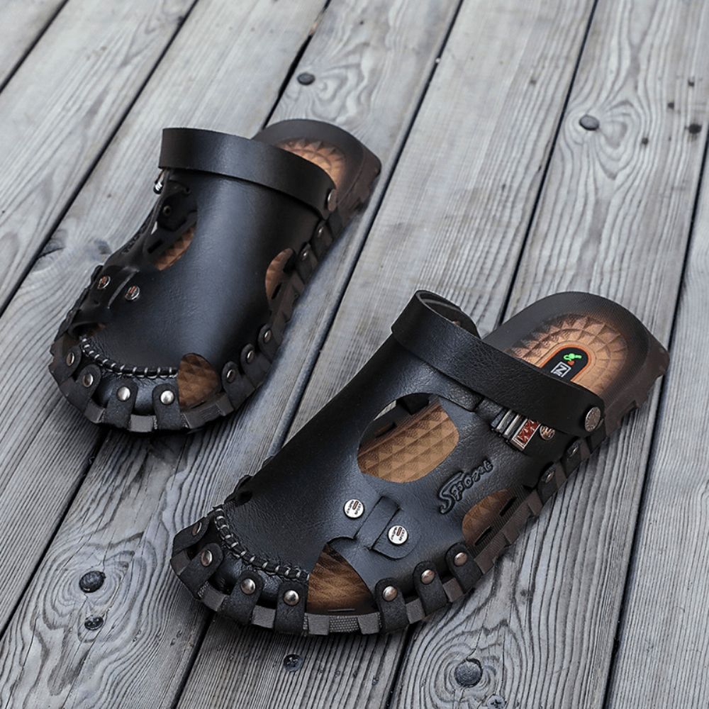 Heren Echt Lederen Sandalen Casual Twee-Weg Ademende Pantoffels