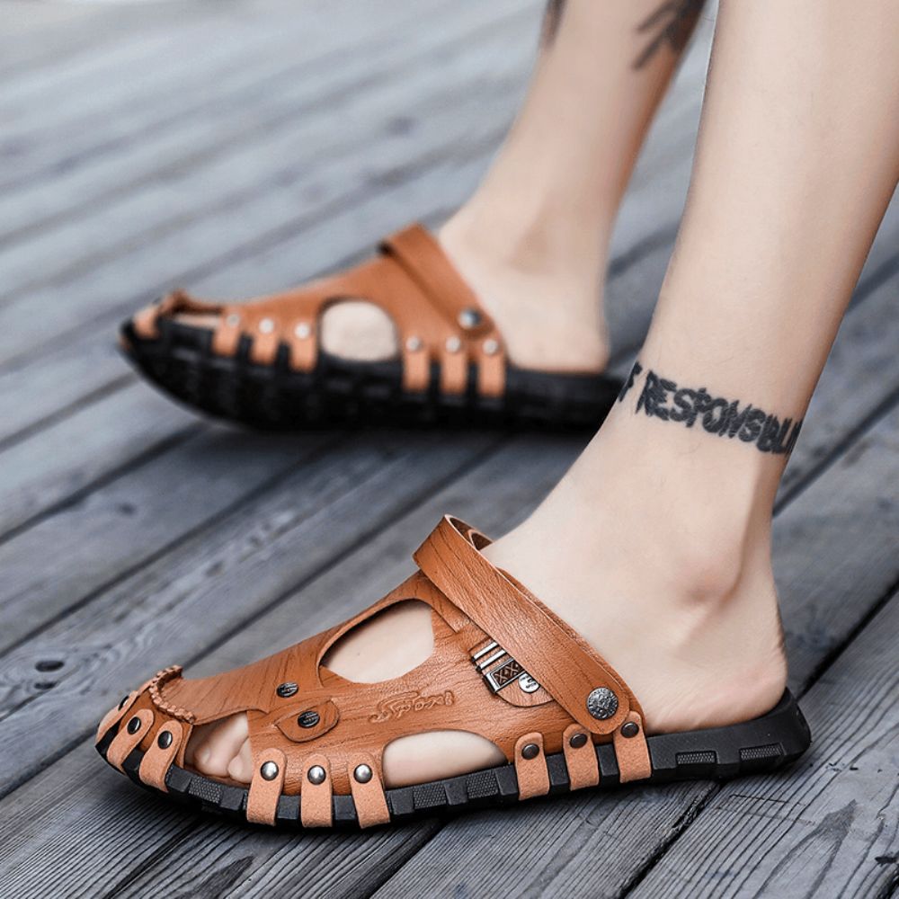 Heren Echt Lederen Sandalen Casual Twee-Weg Ademende Pantoffels