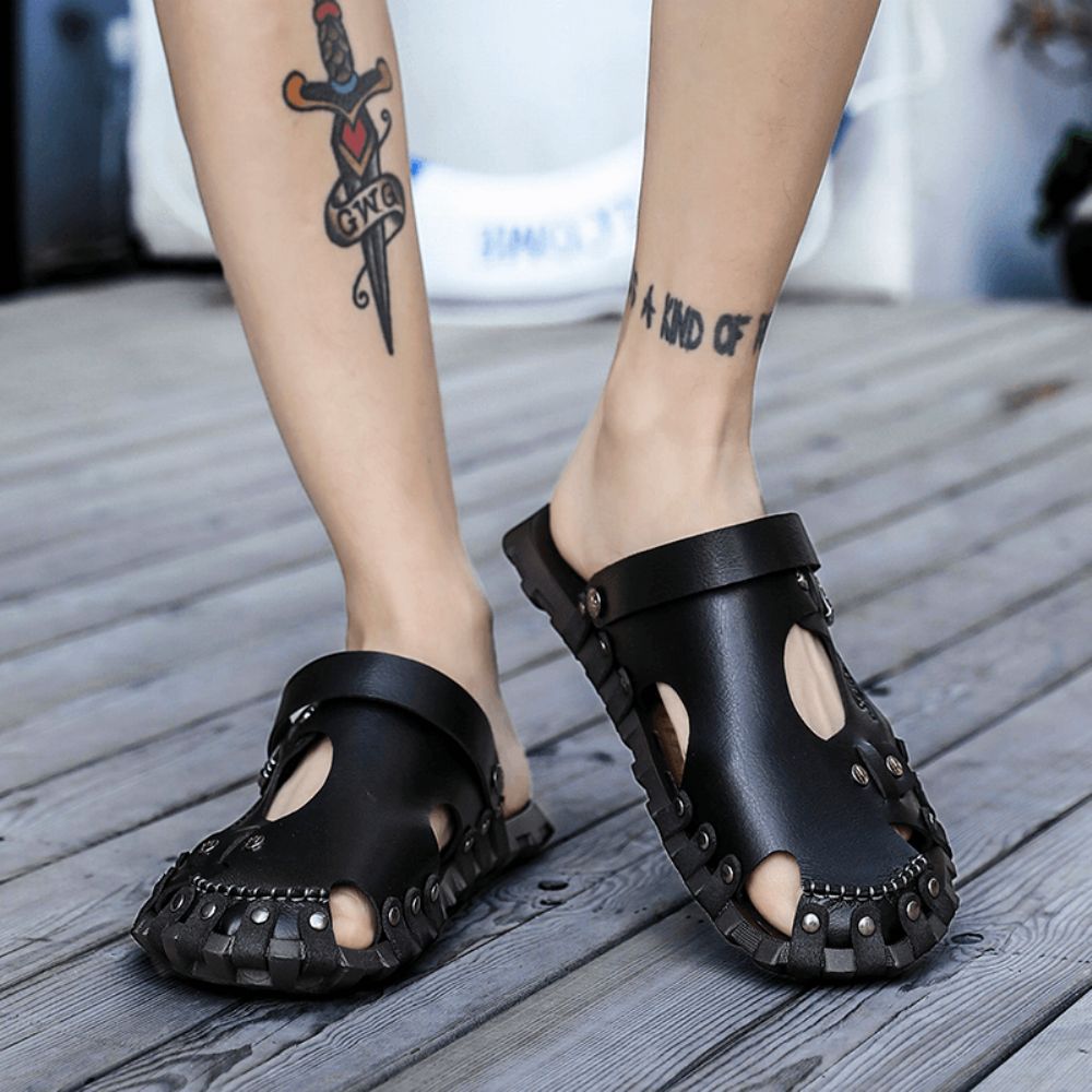 Heren Echt Lederen Sandalen Casual Twee-Weg Ademende Pantoffels