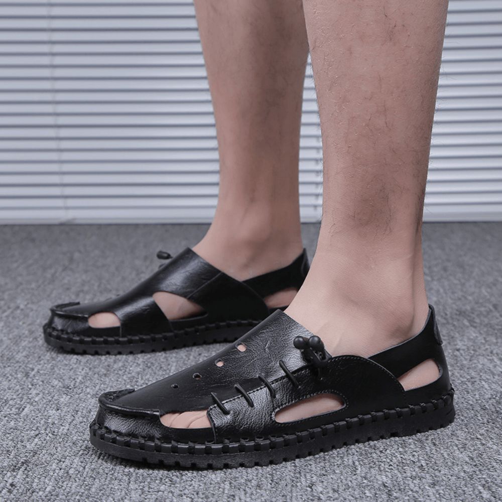 Heren Hand Stiksels Koeienleer Antislip Zachte Zool Casual Sandalen