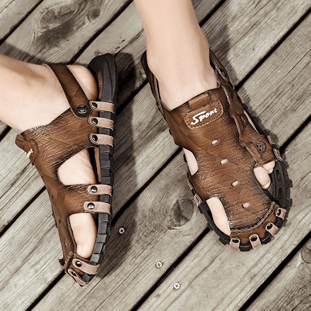 Heren Pu-Sandalen In Twee Richtingen Ademend Casual Vintage Slippers Met Gesloten Neus